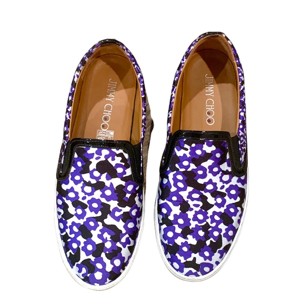 Jimmy Choo Demi Violet Floral Printed Jacquard Slip On Sneakers - Picture 2 of 14
